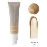 Tube & Swatch of Luk Beautifood Instant Glow Tinted Complexion Balm Shade Nude 4 Medium 30 mL