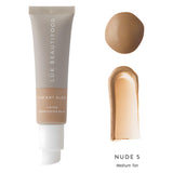 Tube & Swatch of Luk Beautifood Instant Glow Tinted Complexion Balm Shade Nude 5 Medium Tan 30 mL