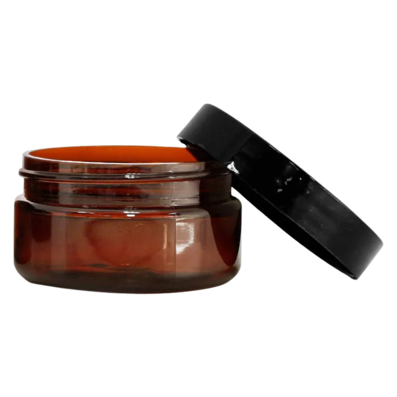 Earth'sAromatique FlatAmberPlasticJar with SmoothBlackLid 2oz
