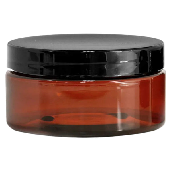 Earth'sAromatique FlatAmberPlasticJar with SmoothBlackLid 4oz
