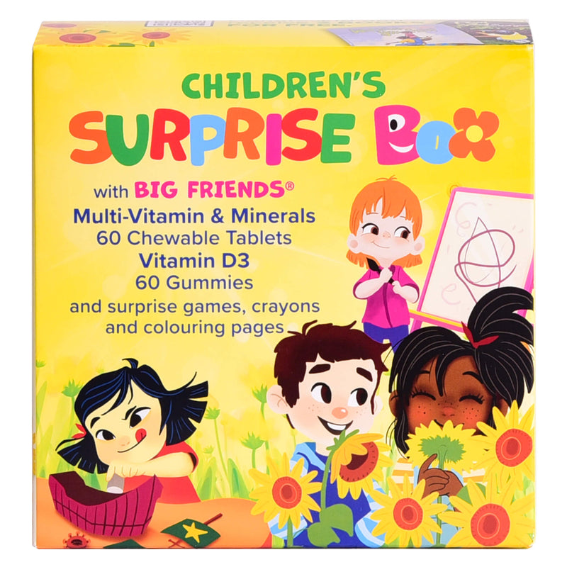 Big Friends Children's Fun Box Multi-Vitamin & Mineral 60 Chewable Tablets, Vitamin D3 60 Gummies, Surprise Games, Crayons & Colouring Pages