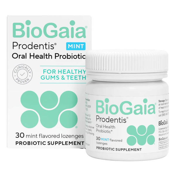 Box & Bottle of BioGaia Prodentis Oral Health Probiotics Mint 30 Lozenges
