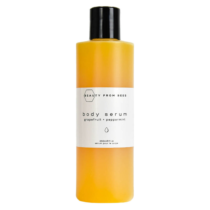 Bottle of BeautyFromBees BodySerum Grapefruit+Peppermint 250ml/8floz