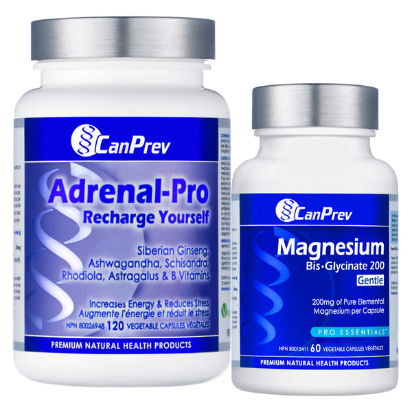 Bottles of CanPrev AdrenalPro 120VegetableCapsules + MagnesiumBisglycinate 200mg 60VegetableCapsules LimitedEditionShrinkwrap
