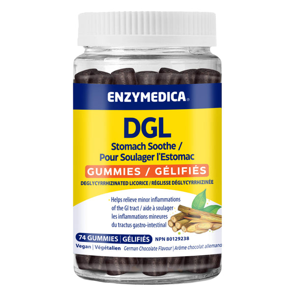 Bottle of Enzymedica DGL Stomach Soothe Gummies German Chocolate Flavour 74 Gummies
