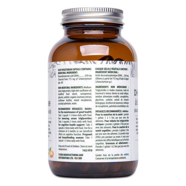 Bottle Back of Flora DHA - Vegetarian Algae 60 Softgel Capsules
