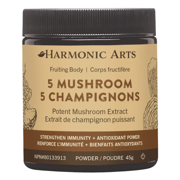 Jar of Harmonic Arts 5 Mushroom Powder 45 Grams

