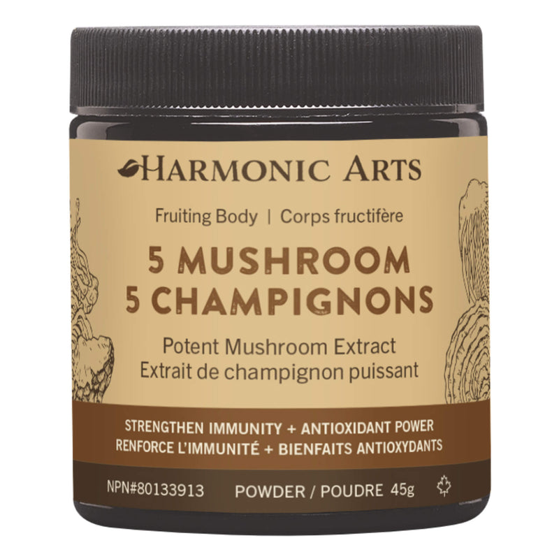 Jar of Harmonic Arts 5 Mushroom Powder 45 Grams
