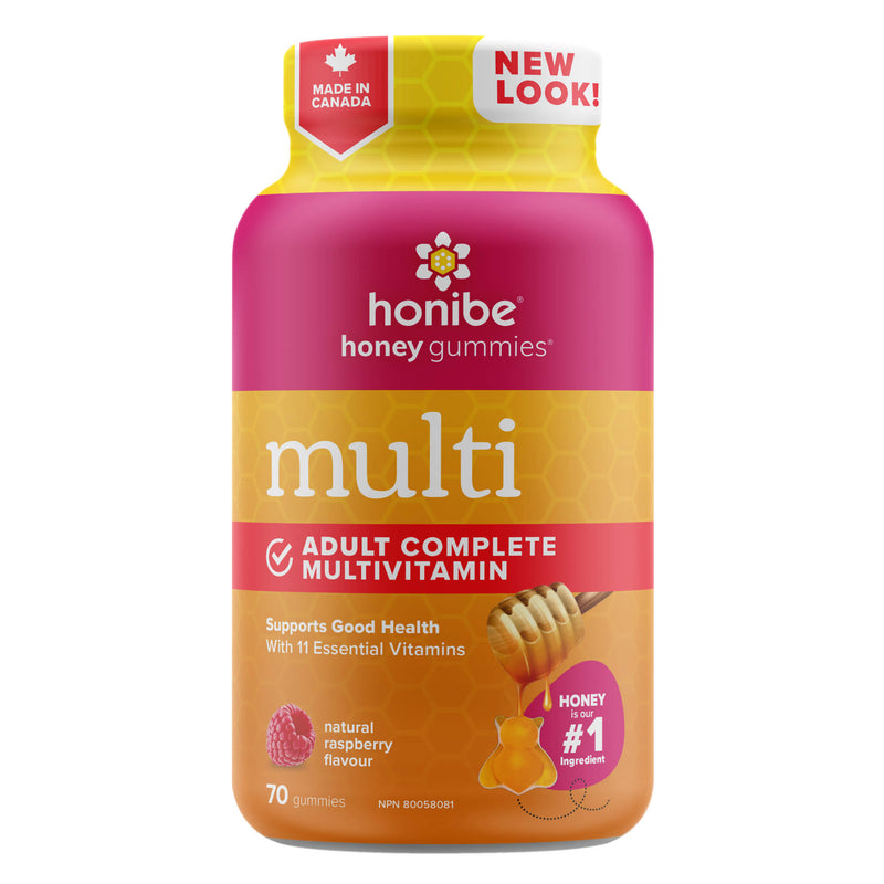 Bottle of Honibe CompleteAdultMultivitamin NaturalRaspberryFlavour 70pc