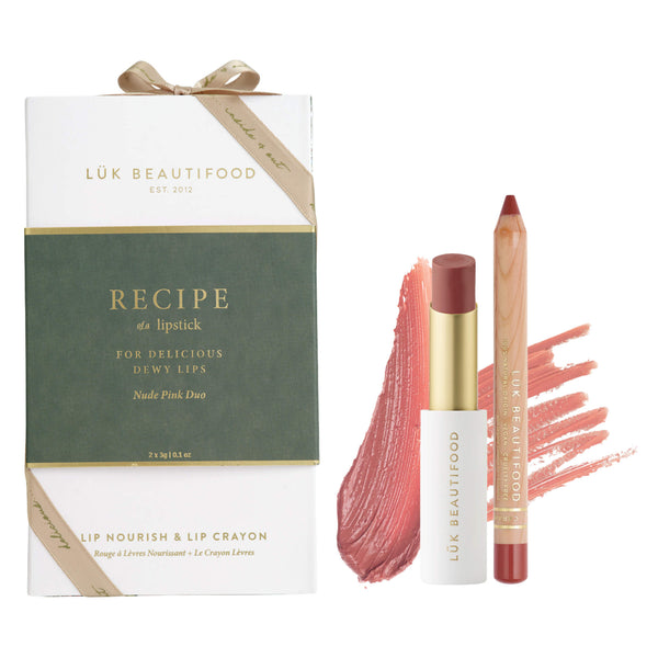 Package + Tube & Stick of Luk Beautifood Recipe of a Lipstick - NUDE PINK Duo of Nude Pink Lip Nourish + Caramel Kiss Lipstick Crayon
