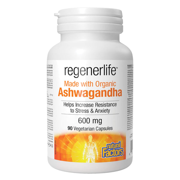 Bottle of Natural Factors RegenerLife Ashwagandha 600mg 90 Vegetarian Capsules