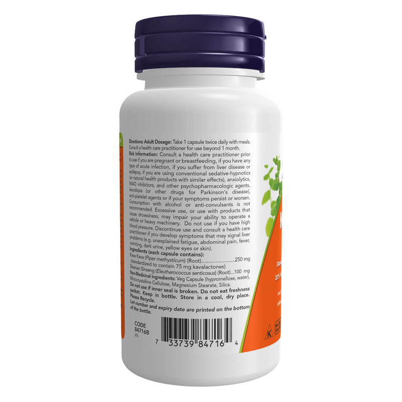 Bottle Back of NOW Kava Kava 250mg w/Siberian Ginseng 100mg 60Capsules
