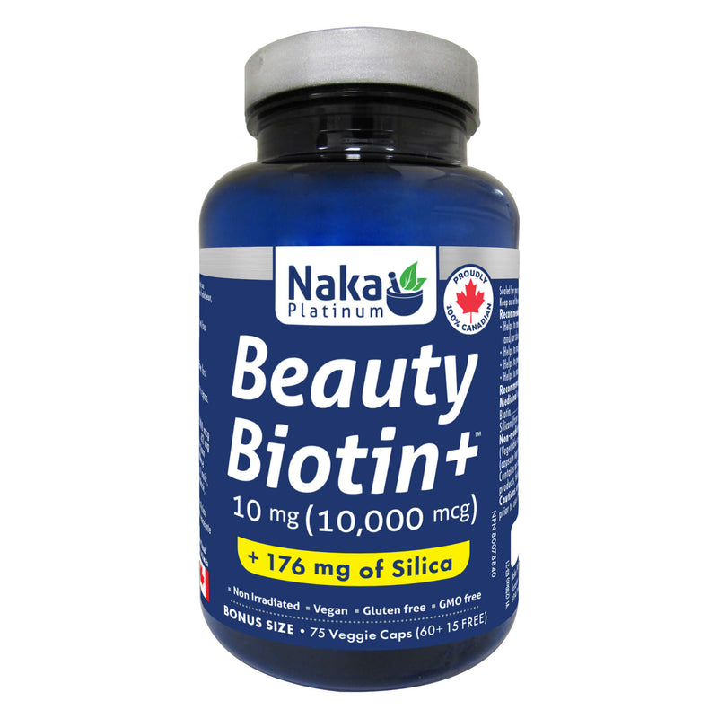 Bottle of Naka Beauty Biotin+ 10,000mcg + 176mg of Silica 75 Veggie Caps