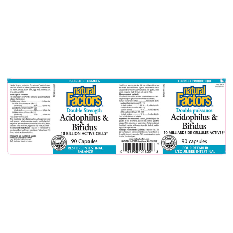 Natural Factors Acidophilus & Bifidus - Double Strength 10 Billion 90 Capsules Label
