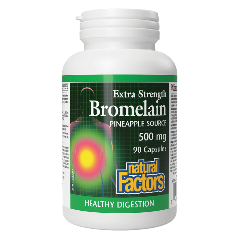 Bottle of Natural Factors Bromelain Extra Strength - Pineapple  Source 500 mg 90 Vegetarian Capsules
