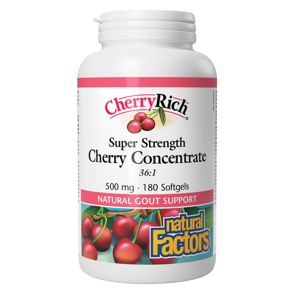 Bottle of Natural Factors CherryRich Super Strength Cherry Concentrate 36:1 500 mg 180 Softgels

