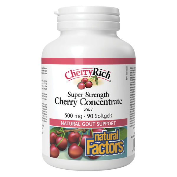 Bottle of Natural Factors CherryRich Super Strength Cherry Concentrate 36:1 500 mg 90 Softgels
