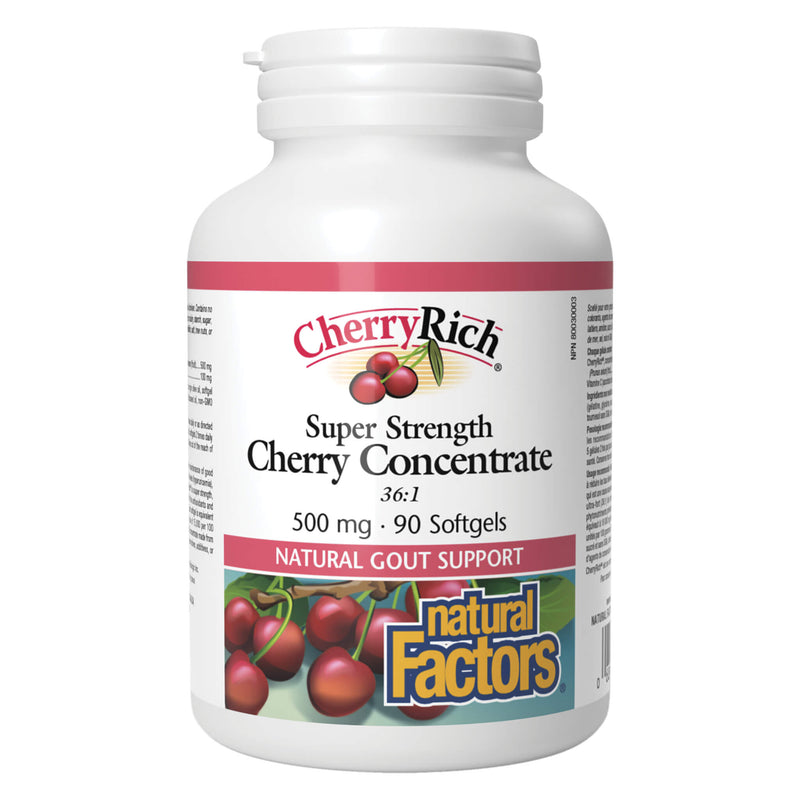 Bottle of Natural Factors CherryRich Super Strength Cherry Concentrate 36:1 500 mg 90 Softgels

