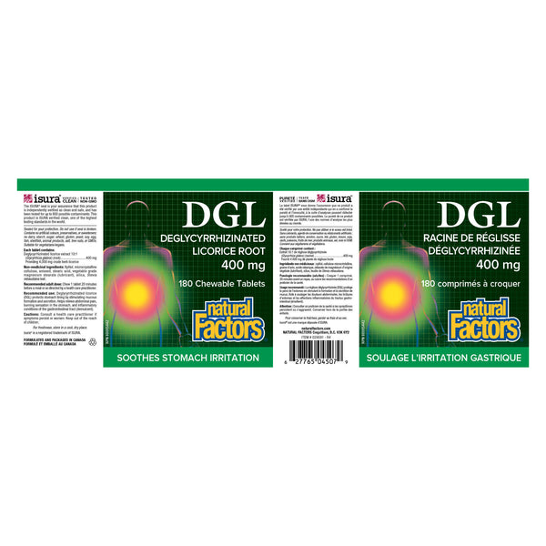 Natural Factors DGL (Deglycyrrhizinated Licorice Root) 400mg Label
