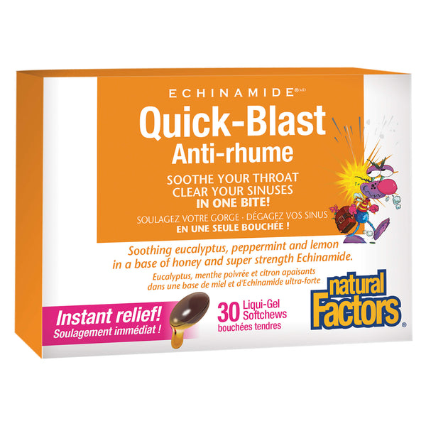 Box of Natural Factors Echinamide Quick-Blast Liquid-Gel Eucalyptus, Peppermint, Lemon Flavour 30 Softchews
