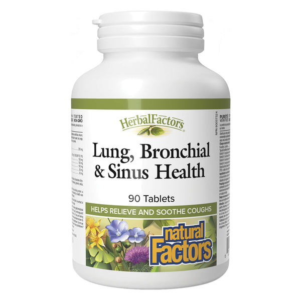 Bottle of Natural Factors HerbalFactors Lung, Bronchial & Sinus Health 90 Tablets 
