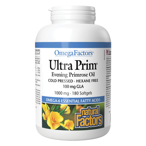 Bottle of Natural Factors OmegaFactors Ultra Prim Evening Primrose Oil 1000 mg 180 Softgels
