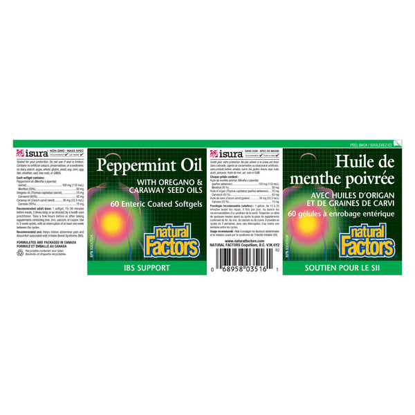 Natural Factors Peppermint Oil with Oregano & Caraway  Seed Oils Label
