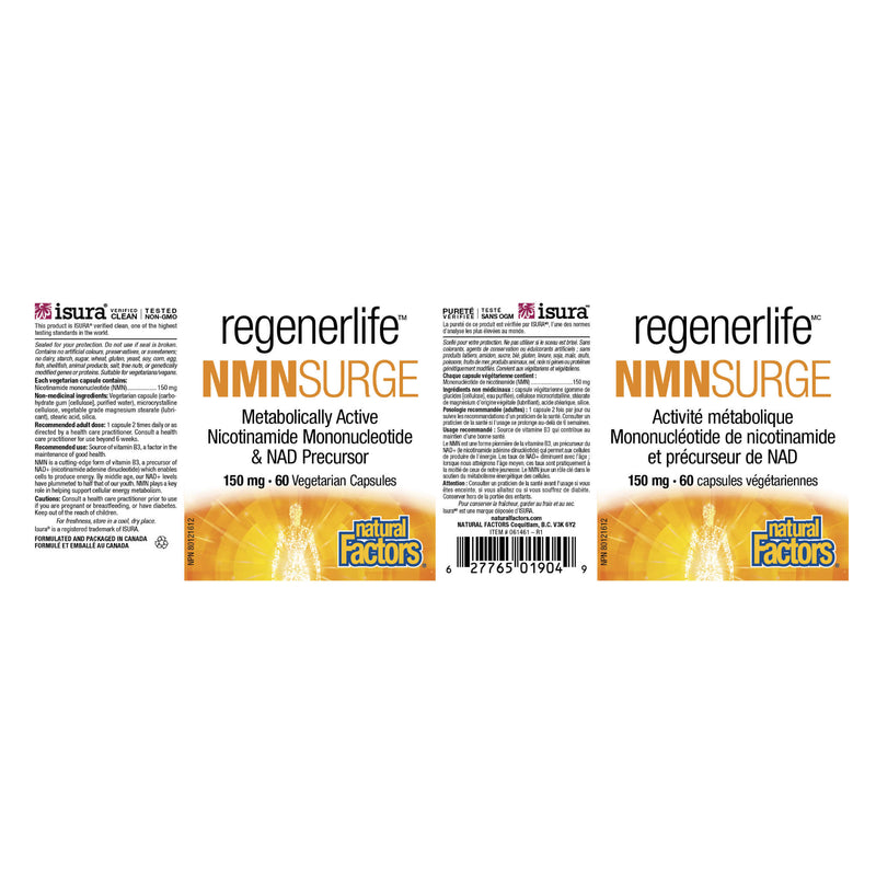 Natural Factors RegenerLife NMNSurge 150mg (Nicotinamide Mononucleotide) Label
