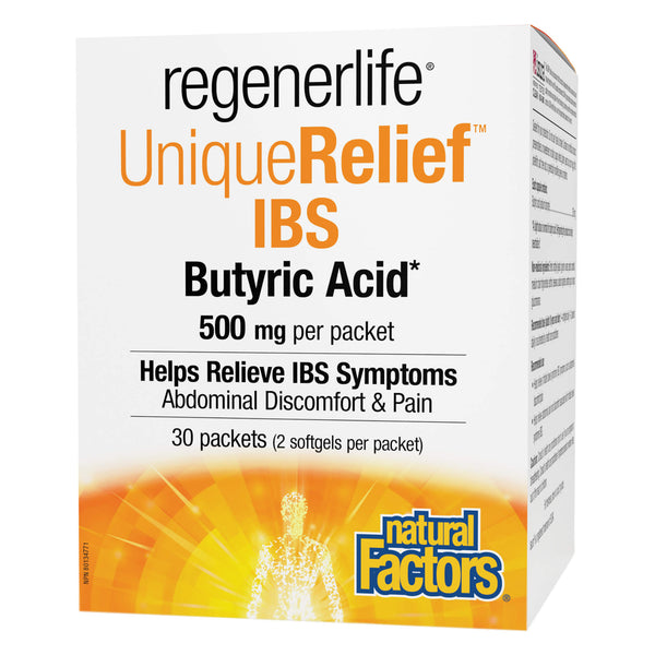 Box of Natural Factors RegenerLife UniqueRelief Butyric Acid 500mg 30 Cello Packs
