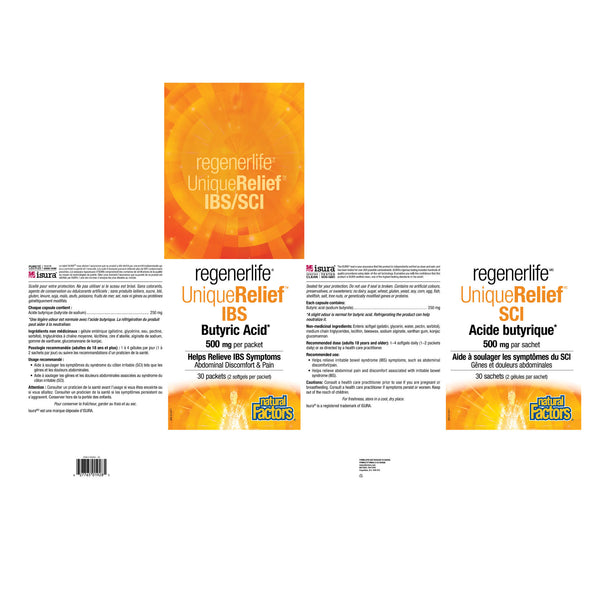 Natural Factors RegenerLife UniqueRelief Butyric Acid 500mg Label
