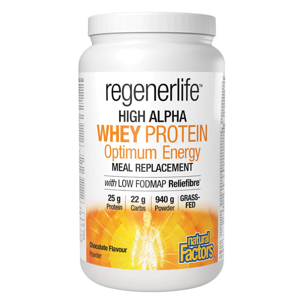 Tub of Natural Factors Regenerlife High Alpha Whey Protein Optimum Energy Meal Replacement 25gProtein Chocolate Flavour 940g Powder