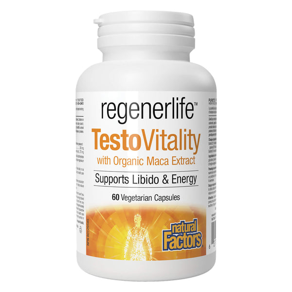 Bottle of Natural Factors Regenerlife TestoVitality with Organic Maca Extract 60 Vegetarian Capsules