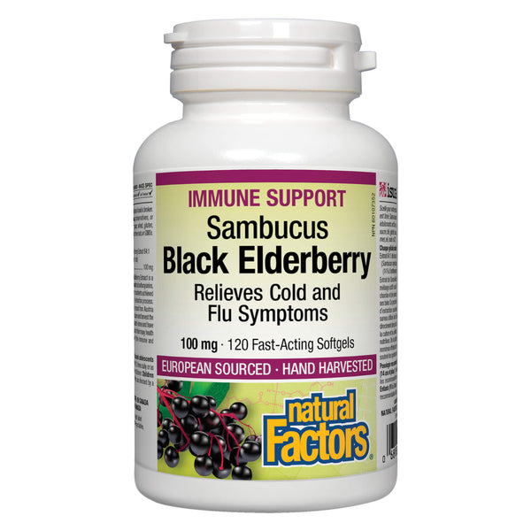 Bottle of Natural Factors Sambucus Black Elderberry 100 mg Standardized Extract 120 Softgels
