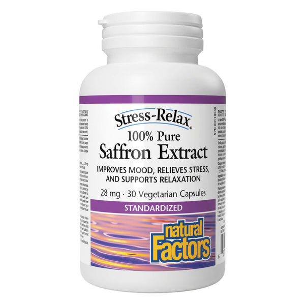 Bottle of Natural Factors Stress-Relax® 100% Pure Saffron Extract 28mg 30 Vegetarian Capsules
