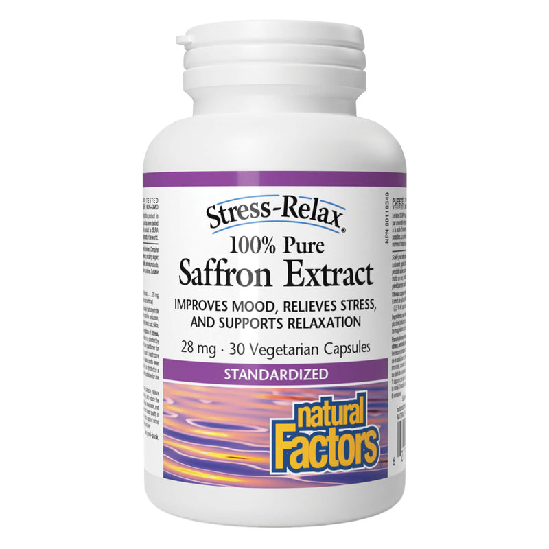Bottle of Natural Factors Stress-Relax® 100% Pure Saffron Extract 28mg 30 Vegetarian Capsules
