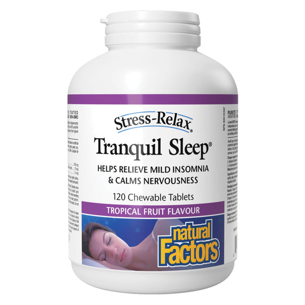 Bottle of Natural Factors Stress-Relax Tranquil Sleep (Tropical Fruit Flavour) 120 Chewable Tablets
