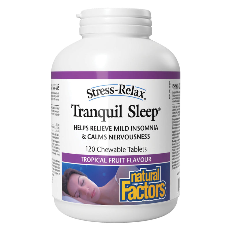Bottle of Natural Factors Stress-Relax Tranquil Sleep (Tropical Fruit Flavour) 120 Chewable Tablets
