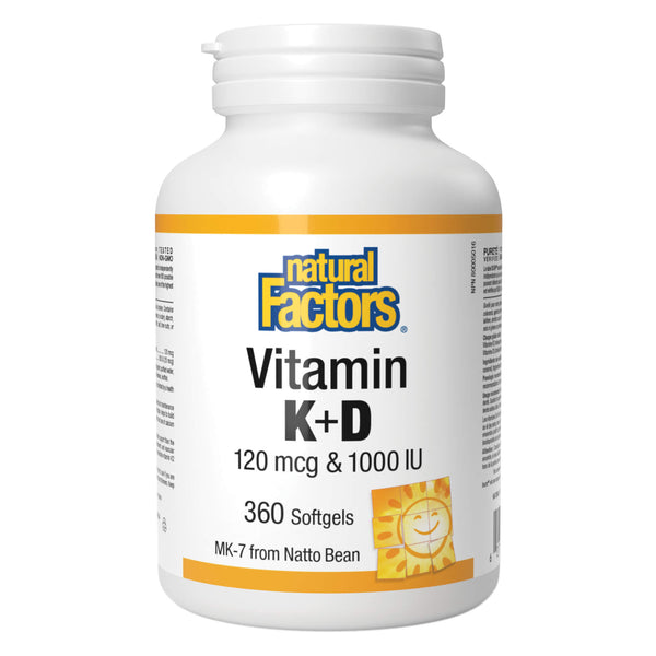 Bottle of Natural Factors Vitamin K 120 mcg & Vitamin D 1000 IU 360 Softgels
