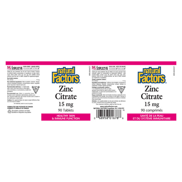 Natural Factors Zinc Citrate 15 mg Label

