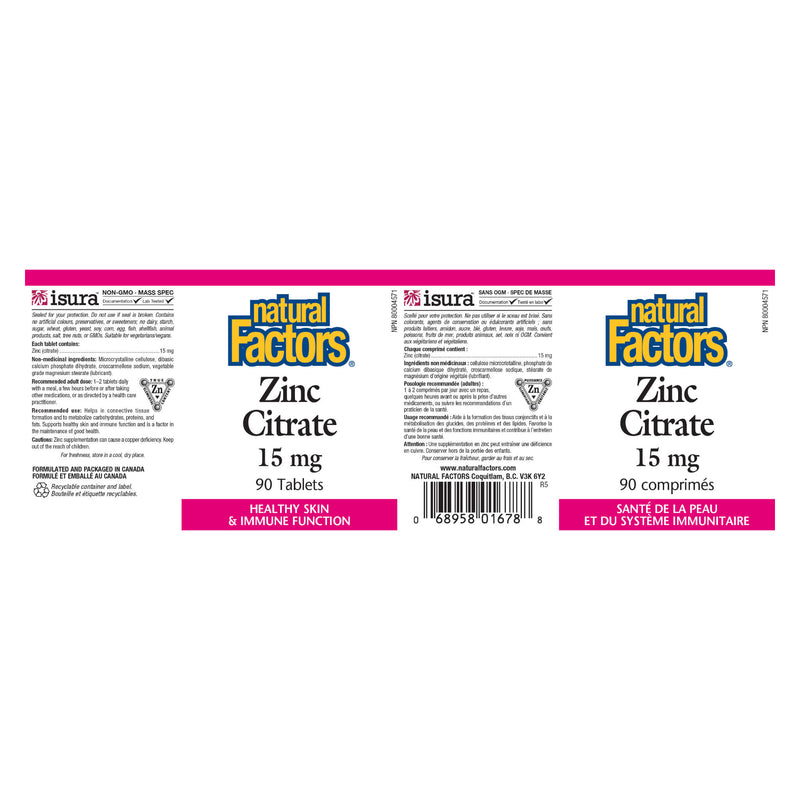 Natural Factors Zinc Citrate 15 mg Label
