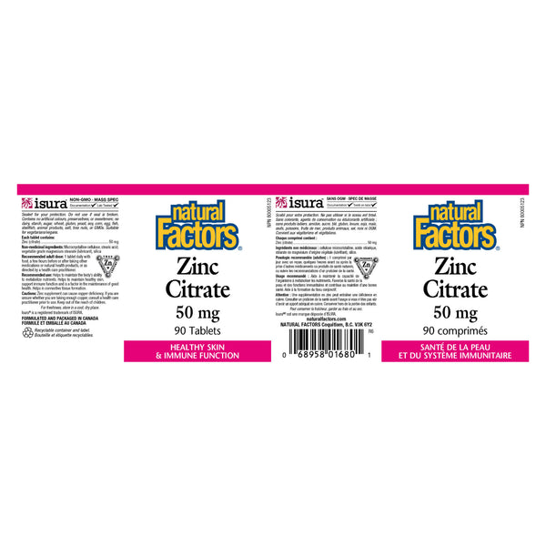 Natural Factors Zinc Citrate 50 mg Label

