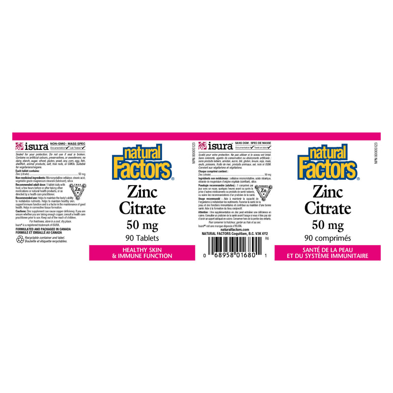 Natural Factors Zinc Citrate 50 mg Label
