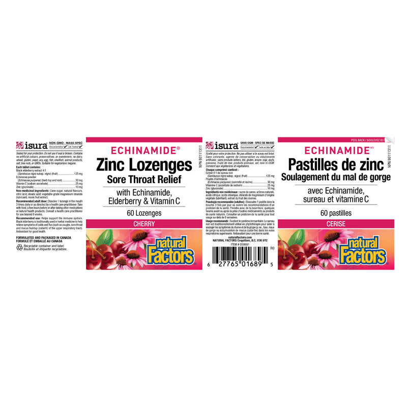Natural Factors Zinc Lozenges with Echinamide, Elderberry & Vitamin C Cherry Flavour Label
