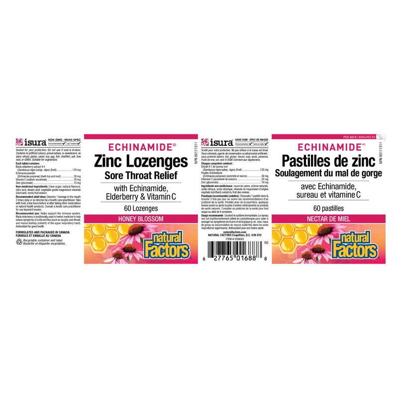 Natural Factors Zinc Lozenges with Echinamide, Elderberry & Vitamin C Honey Blossom Flavour Label
