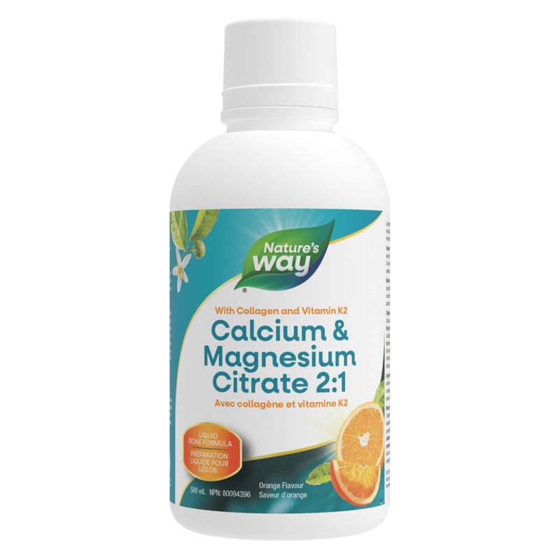 Bottle of Nature'sWay Calcium&MagnesiumCitrate w/K2&Collagen OrangeFlavour 500ml
