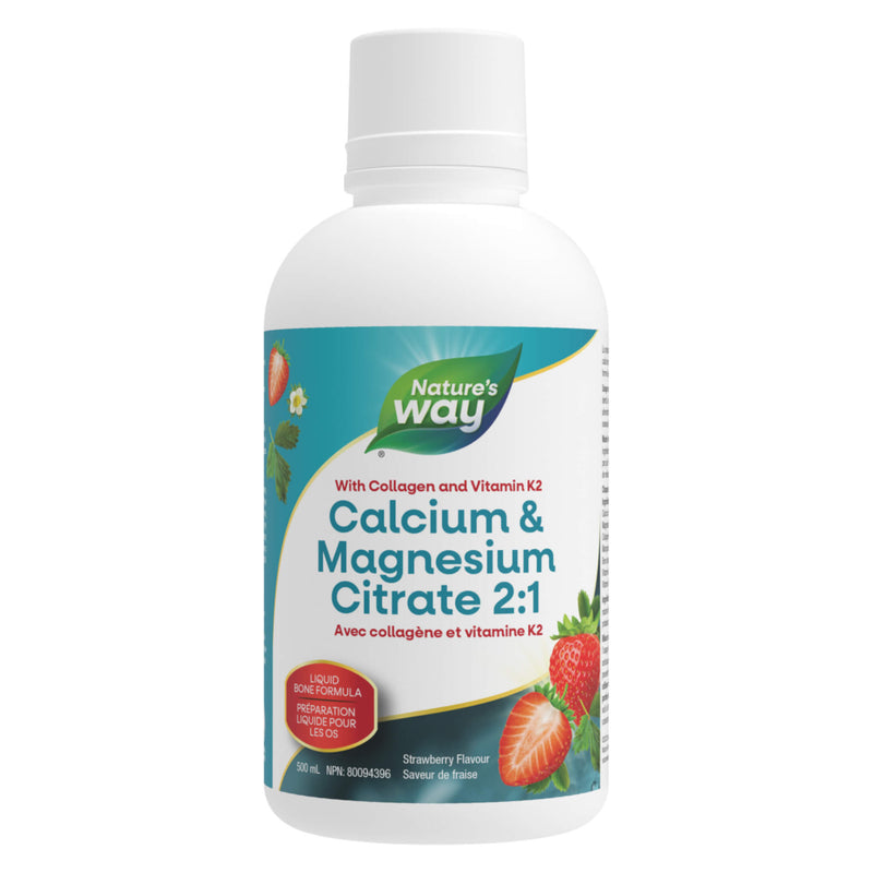 Bottle of Nature'sWay Calcium&MagnesiumCitrate w/K2&Collagen StrawberryFlavour 500ml
