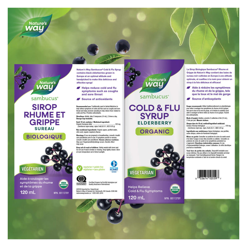 Nature's Way Organic Sambucus Cold and Flu Care, Elderberry Syrup Label

