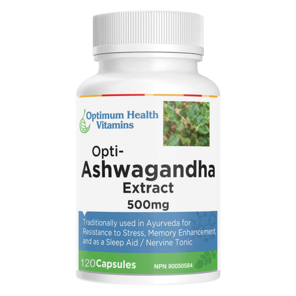 Bottle of OptimumHealthVitamins Opti-AshwagandhaExtract 500mg 120 Capsules