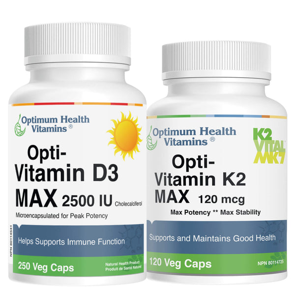 Bottles of Optimum Health Vitamins Opti-Vitamin D3 Max 2500IU 250 Veg Caps & Opti Vitamin K2 Max 120mcg 120 Veg Caps Shrink wrap 