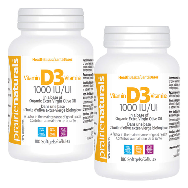 PrairieNaturals D3 1000IU 180Softgels Duo-Pack